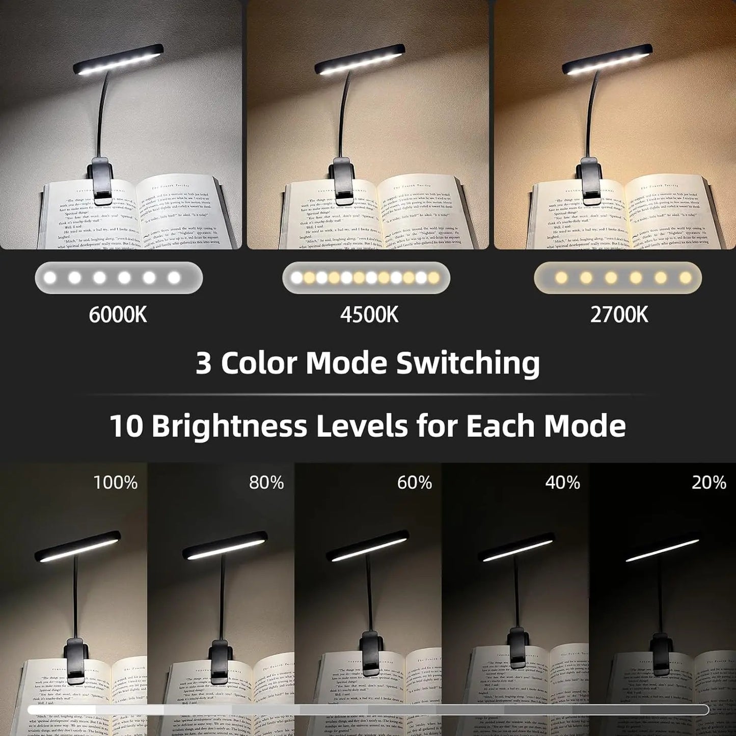 Led Book Light USB Rechargeable Reading Light Warm Cool White Daylight Portable Flexible Easy Clip Night Reading Lamp