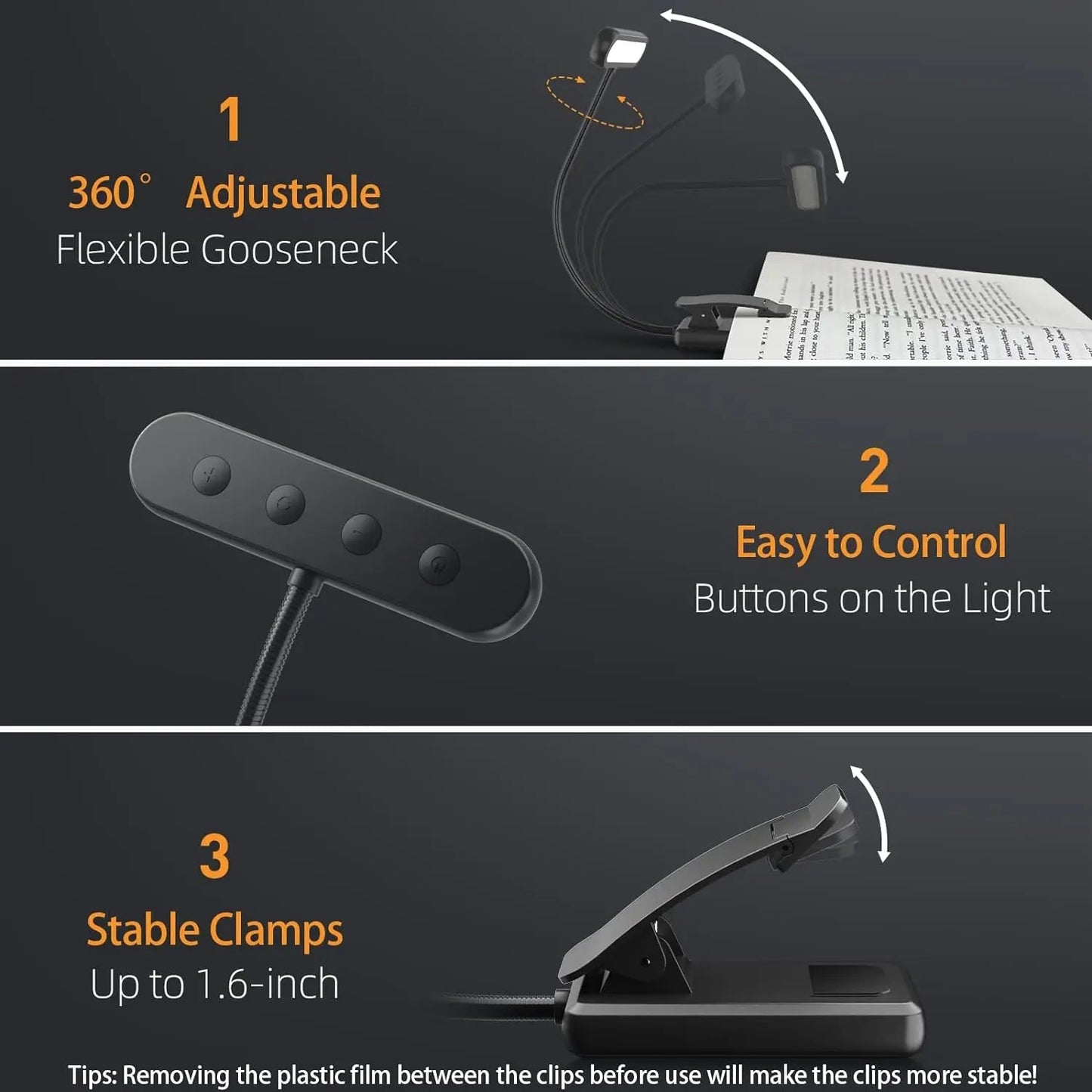 Led Book Light USB Rechargeable Reading Light Warm Cool White Daylight Portable Flexible Easy Clip Night Reading Lamp